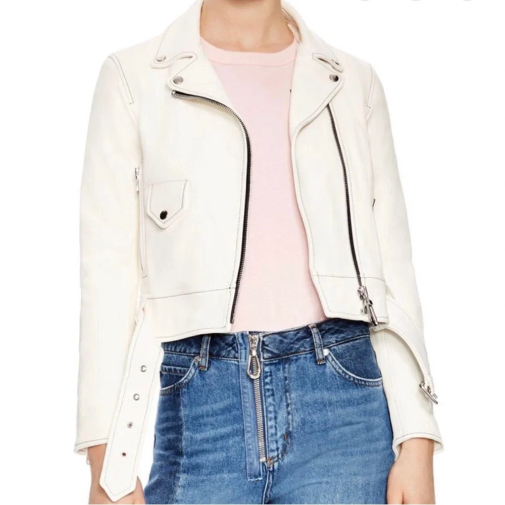 Sandro Edwin White Sheep Leather Cropped Motorcycle Jacket A1A Moto Size Small/6 - Picture 3 of 15